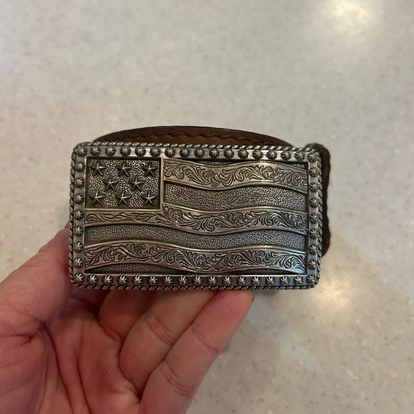 Justin Boots Silver and Brown High American Flag Belt Size 38 - Picture 3 of 5